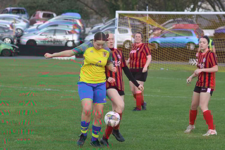 Onchan's Poppy Gerrard (left) and Malew's Ashleigh Lachenicht were both on the scoresheet on Sunday afternoon (Photo: Paul Hatton)