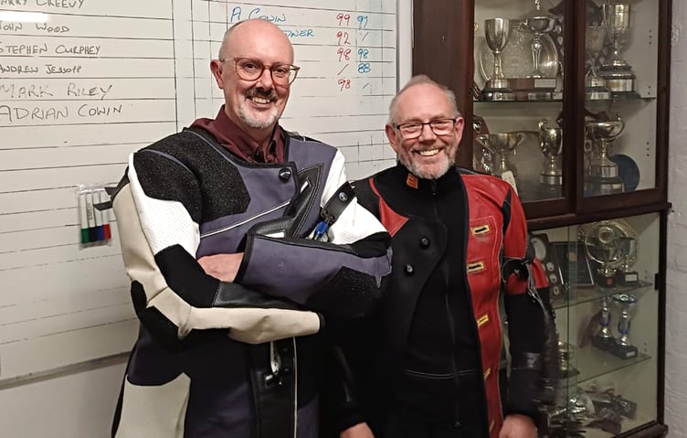 Oake Memorial Trophy winner Adrian Cowin (left) and Veterans’ Cup victor John Wood pictured at the Laxey rifle range (Photo: Richard Arthur)