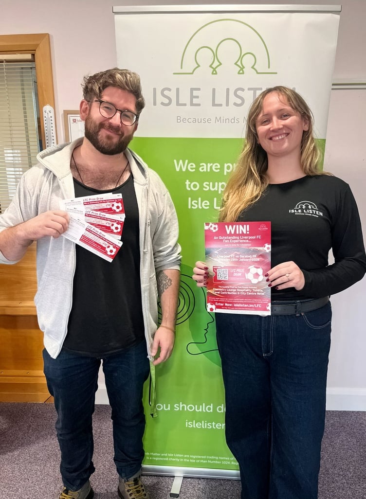 Arron McClenaghan and Jess Kneen from Isle Listen’s fundraising team pictured with some of the physical prize draw tickets available
