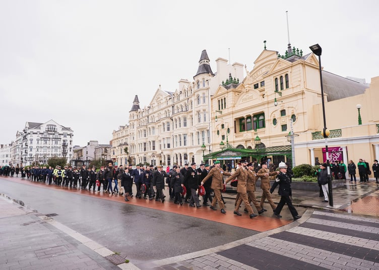 The march to the War Memorial in Douglas for the two minutes’ silence and wreath-laying ceremony (Photo: Matt Mosur)