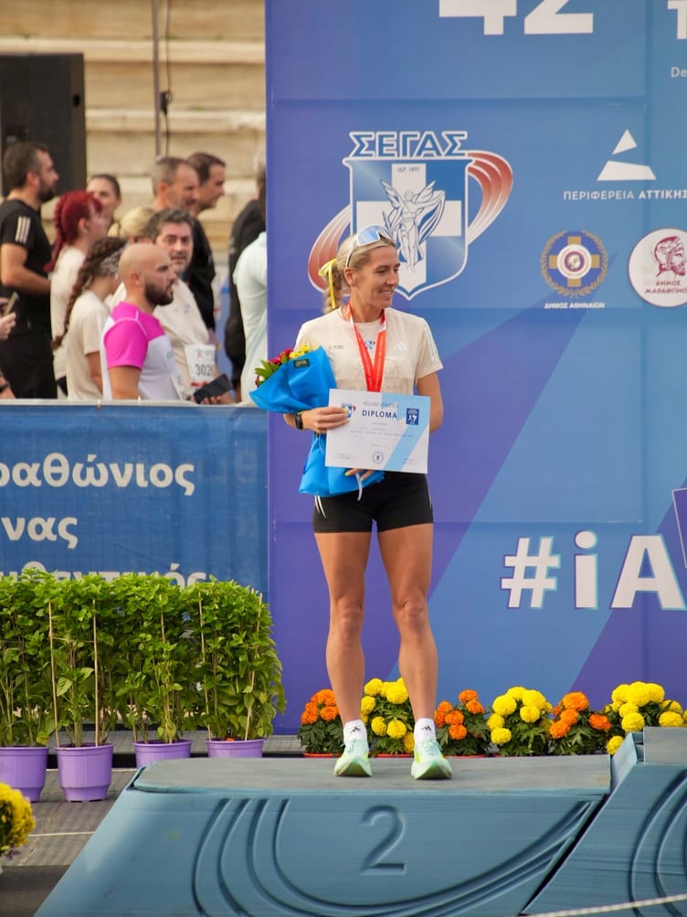 Christa Cain on the podium in Athens over the weekend (Photo: Pro Direct Running)