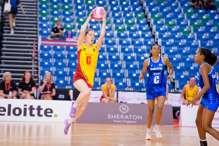 Isle of Man centre Rachel Johnstone in action against Singapore 'A' on Saturday (Photo: Netball Singapore)