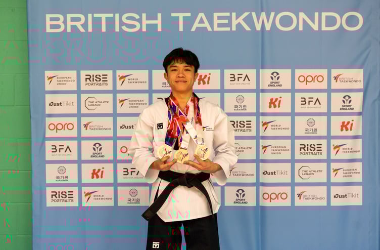 Nino Ontoy with his medal haul from the recent 2025 British Taekwondo National Poomsae Championships