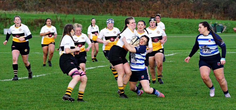 Leona McGovern takes the ball into contact for Vagabonds women during their clash with Winnington Park at Ballafletcher last weekend - a full report appeared in this week's Isle of Man Examiner, still on sale now (Photo: John Liver/Mumble's Pics)