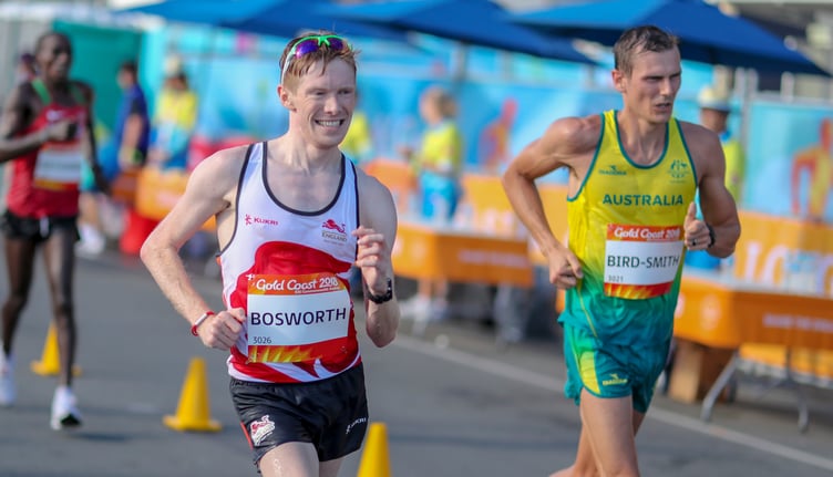 England's Tom Bosworth on his way to claiming silver in the men's 20km race walk at the 2018 Commonwealth Games in Gold Coast, Australia (Photo: John Cowpland/www.photosport.nz)