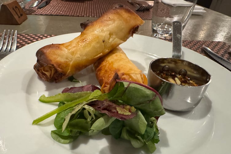 The homemade shredded chicken spring roll with a hot honey and chilli dip