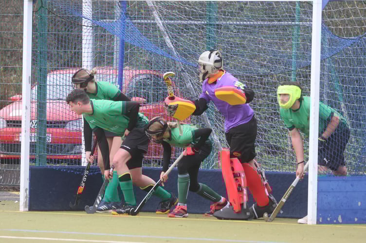 Ramsey A prepare to face a short-corner in their Plate semi-final with Bacchas C at QEII on Saturday (Photo: Paul Hatton)