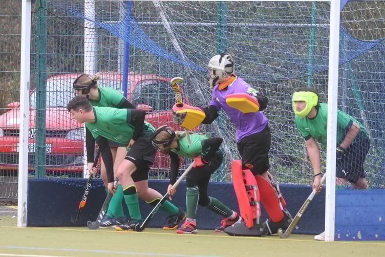 Ramsey A prepare to face a short-corner in their Plate semi-final with Bacchas C at QEII on Saturday (Photo: Paul Hatton)