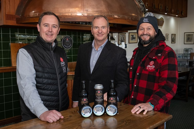 (Left to righ) Ollie Neale, Findlay Macleod and Okell’s head brewer Kevin Holmes launching the new Smoked Porter Cheddar at Okell’s Brewery