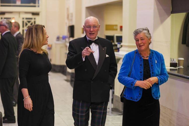 Lieutenant Governor Sir John Lorimer and Lady Lorimer being welcomed to the OPUL Pre-dinner reception by Media Isle of Man managing director Sam Jones