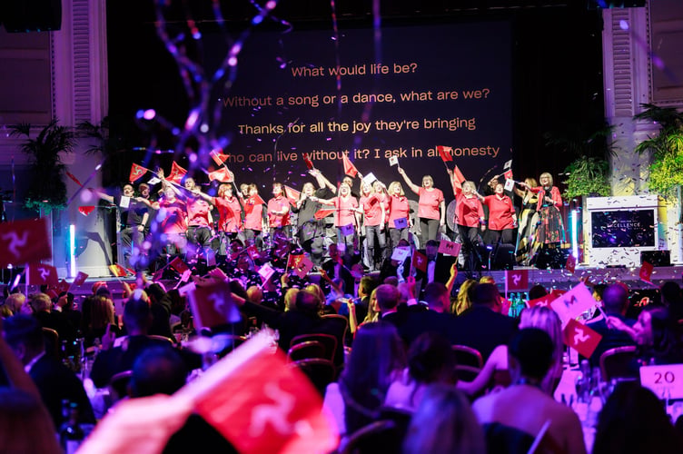 Members of the Roc Vannin choir leads a packed Villa Marina Royal Hall in a rendition Abba's 'Thank You for the Music' at the finale of Thursday evening's Media Isle of Man Awards for Excellence. Read more about the awards in the 20-page supplement free inside this edition (Photo: David Lovelady)