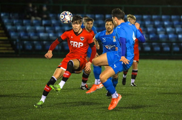 Charlie Higgins (left) scored twice for FC Isle of Man during their 2-2 draw with Irlam at the Bowl on Saturday evening (Photo: Hannah McHugh)