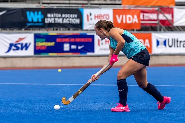 Former King William’s College student Sienna Dunn lines up a shot against Austria in the weekend's Women’s Junior World Cup clash (Photo: FIH International Hockey Federation)