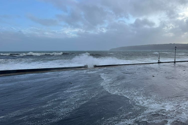 Laxey Promenade around high tide on Tuesday as Storm Bram brought storm force winds and significant coastal overtopping (Photo: Kiara Masterson)