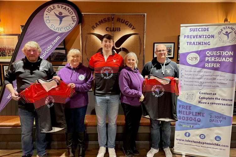 Picture left to right: Billy Kneale (Ramsey Rugby Club chairman), Lara Barnes (Isle Stand up to Suicide volunteer), Josh Corteen (Ramsey Rugby Club captain), Paula Dunlop (Isle Stand up to Suicide founder) and Connor Cracknell (Ramsey Rugby Club)