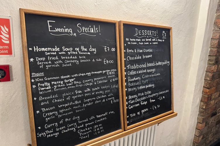 The evening specials menu at The Garrison in Castletown