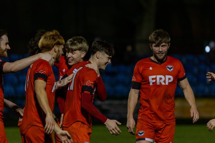 FC Isle of Man players celebrate during Saturday evening's 5-0 win over AFC Liverpool (Photo: Hannah McHugh)
