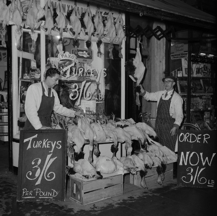 Turkeys for sale at Mr. J. Curtis, at Prospect Terrace and Victoria Street in December 1959 (Photo: iMuseum/Manx National Heritage)