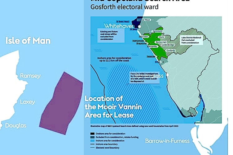 Plans showing site of proposed Geological Disposal Facility and the Mooir Vannin offshore windfarm
