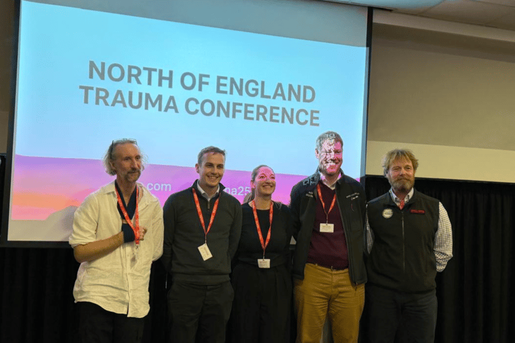 Left to right: consultant in emergency medicine Dr David Frazer, emergency medicine trainee Dr Jonathan Davies, senior matron Jo Standish, Phil O’Donnell and Andy Dalton from GNAAS