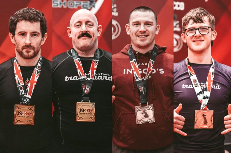 Twenty Twelve Jiu Jitsu fighters (left to right) Mark Franklin, Tom Spencer, James Sealey and Liam Blakemore with their respective medals at the recent 2025 British Open Brazilian JiuJitsu competition in Coventry