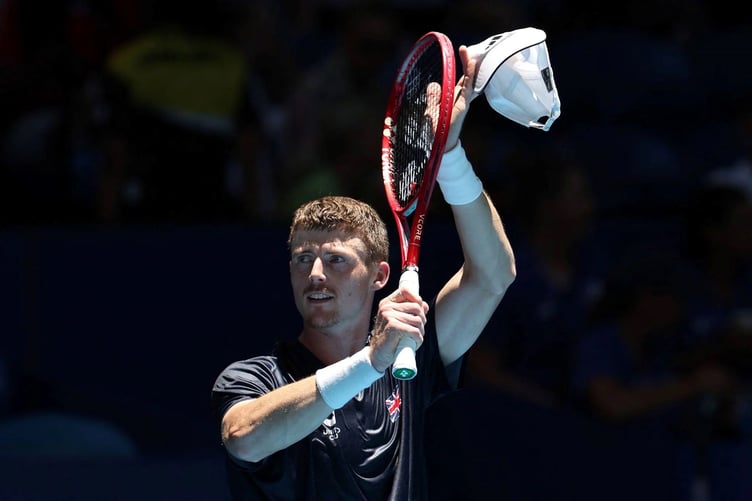 Billy Harris celebrates his victory over world number 99 Shintaro Mochizuki during Sunday's opening match in Australia (Photo: LTA.com)