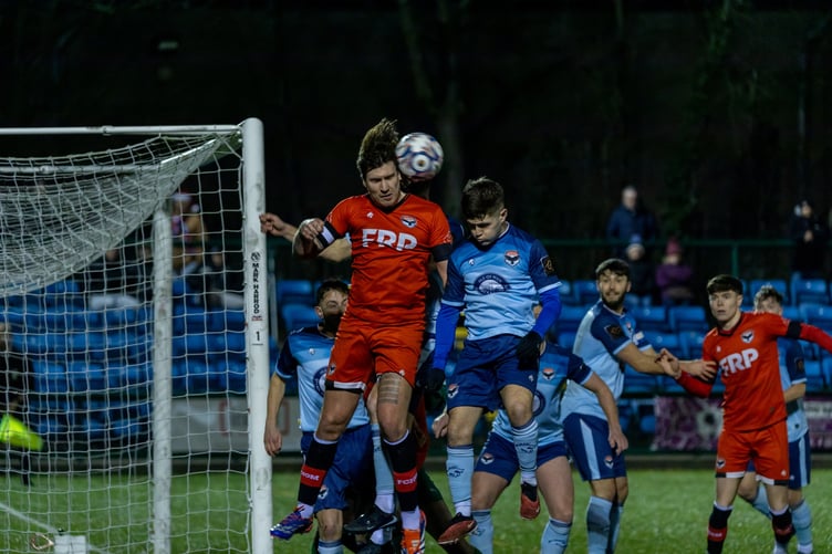 The unusual sight of FC Isle of Man playing Stockport Town, with the latter side in the Ravens' away kit. The Greater Manchester outfit were forced to borrow the strip after theirs got lost en route to the island (Photo: Hannah McHugh)