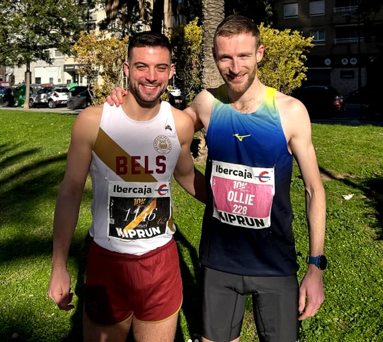 Isle of Man athlete Ollie Lockley (right) pictured with British runner Samuel Harry after producing an excellent performance in the Valencia 10k race on Sunday