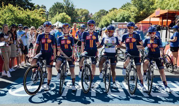 Isle of Man cyclist Becky Storrie (third from left) pictured with her Team Picnic PostNL team-mates prior to the start of the Santos Women's Tour Down Under (Photo: Team Picnic PostNL)