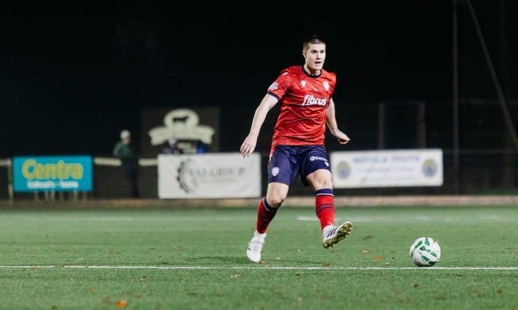 Manx footballer Adam Long in action for Coleraine FC in Northern Ireland (Photo: Coleraine FC)
