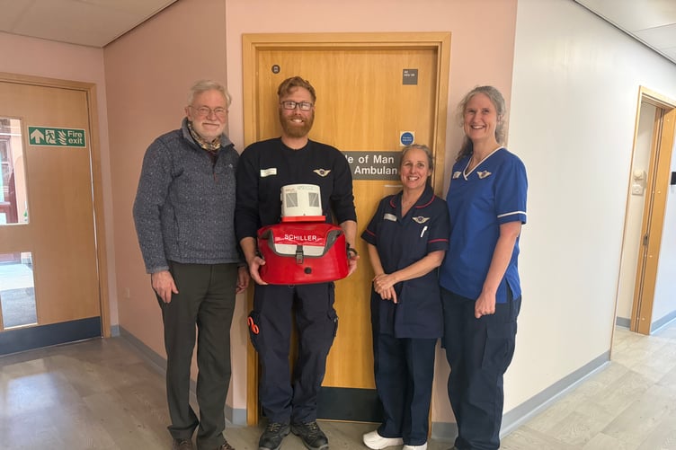 Left to right: Henry Bloom Noble trustee Malcolm Clague with members of the Air Ambulance team Jon Booth, Jeanne Eriksen and Kate Teare