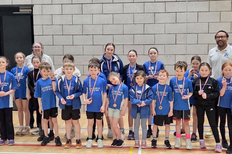 The Northern AC team with their medals at the conclusion of last weekend's Jude's Sportshall event (Photo: Claire Turner)