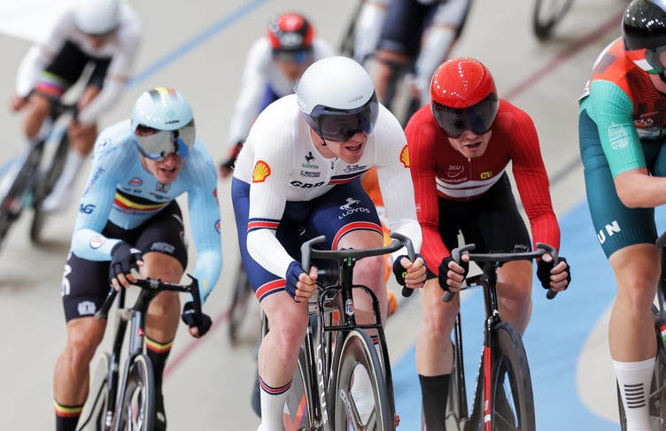Isle of Man cyclist Matty Bostock (centre) in action for Great Britain at the 2025 UCI Track World Championships in Santiago, Chile (Photo: Alex Whitehead/SWpix.com)