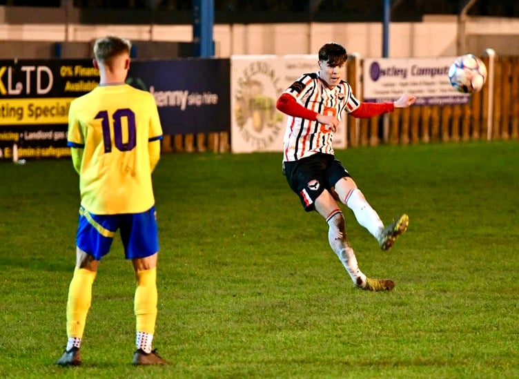Charlie Higgins in action for FC Isle of Man against Atherton LR on Wednesday evening (Photo: Mike Shaw)