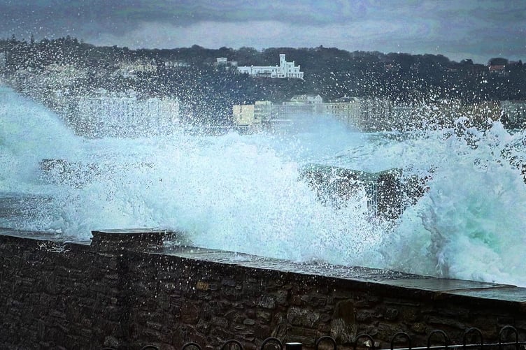 Wave crash over Douglas promenade