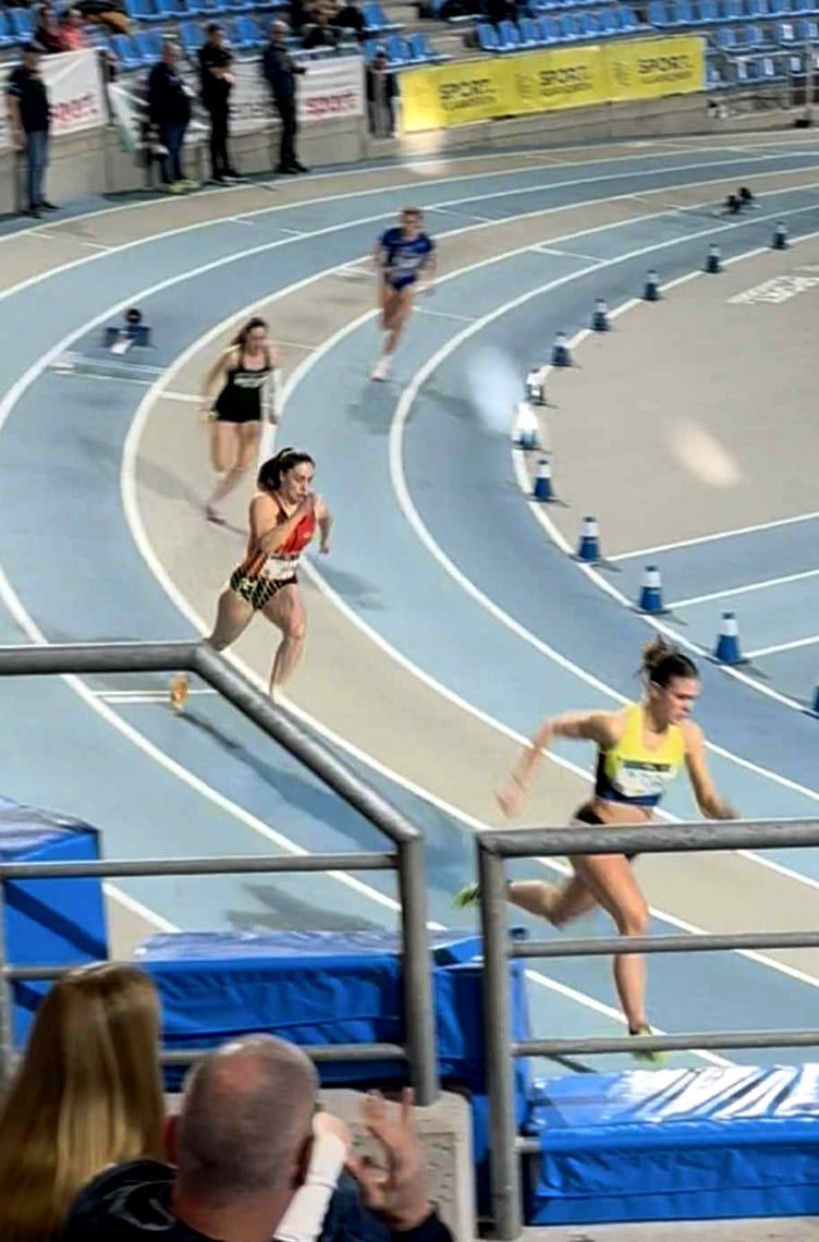 Isle of Man athlete Meghan Pilley (red vest) in action at the World Athletics Indoor Tour Bronze event in Ghent last weekend