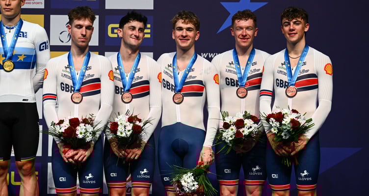 Isle of Man cyclist Matt Bostock (second from right) on the podium with his Great Britain team-mates after clinching bronze in the men's team pursuit at the UEC Track Elite European Championships in Turkey earlier this week (Photo: Olly Hassell/SWpix.com)