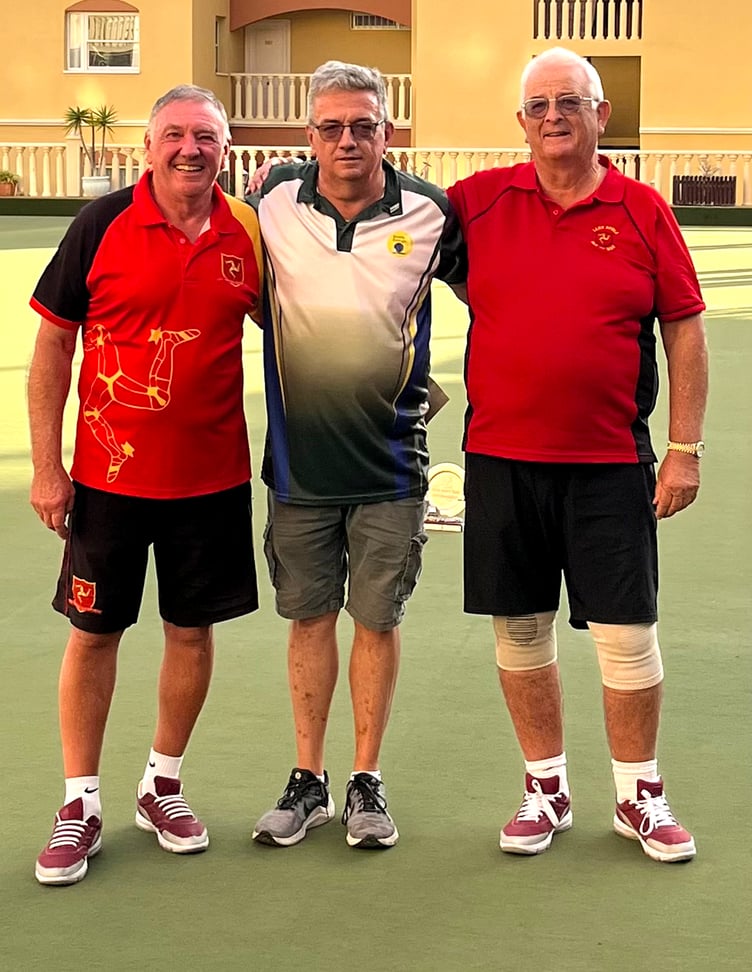 Isle of Man bowlers Clive McGreal (left) and David Slack (right) with Bowls Europe director Graham Cathcart after finishing second overall in last week'sTenerife Open Pairs