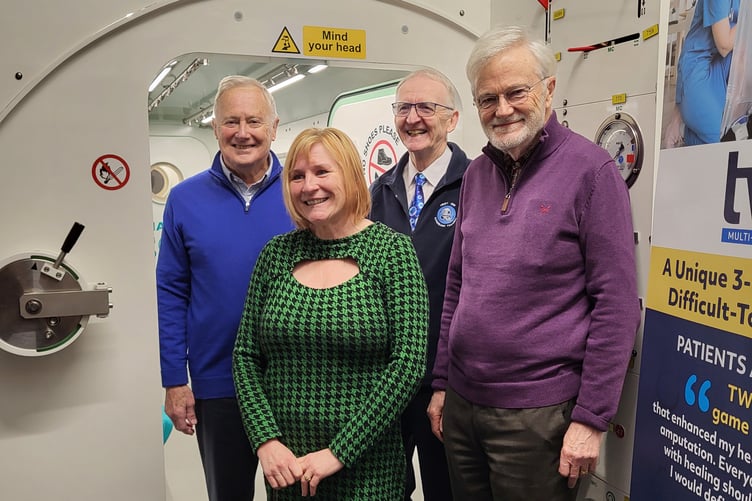 From left: Terry Groves, chairman Henry Bloom Noble Healthcare Trust; Samantha Cook, Aoit customer service; Ken Kinrade, vice chairman HBOT IOM, and Malcolm Clague, Trustee, Henry Bloom Noble Healthcare Trust