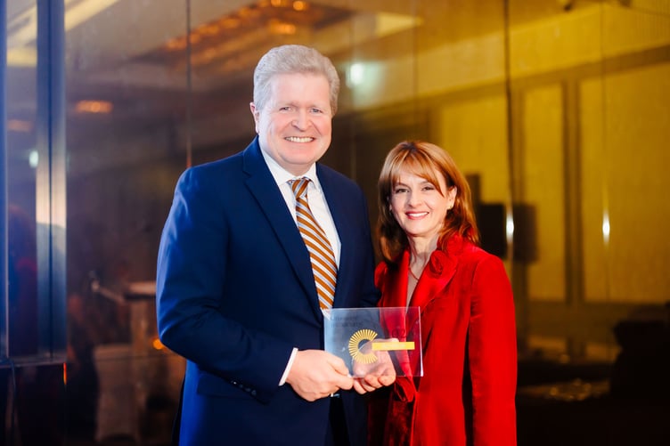 JTC IoM managing director Aidan Davin, with awards host, broadcaster Rebecca Jones