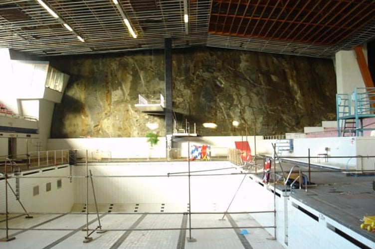 Scaffolding being set up as demolition of the Aquadrome begins