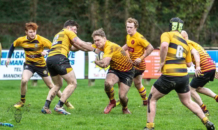 Charlie Henthorn breaks tackles for Douglas Celts during their Hartford Homes Manx Cup clash with Vagabonds at Port-e-Chee on Saturday afternoon (Photo: Richard Ebbutt)