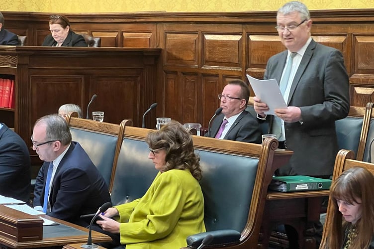 Chris Thomas MHK delivering the budget speech in Tynwald on Tuesday