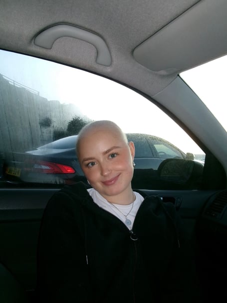 Evie Skillicorn pictured in March 2025, a month into her treatment.