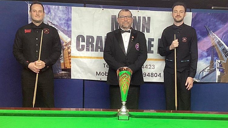 (Left to right) Mann Crane Hire Grand Prix runner-up Michael Curphey, final referee Dave Kelly and overall winner Darryl Hill