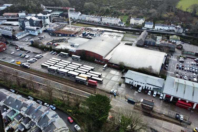 Aerial shot of the Isle of Man Public Transport depot at Banks Circus in Douglas