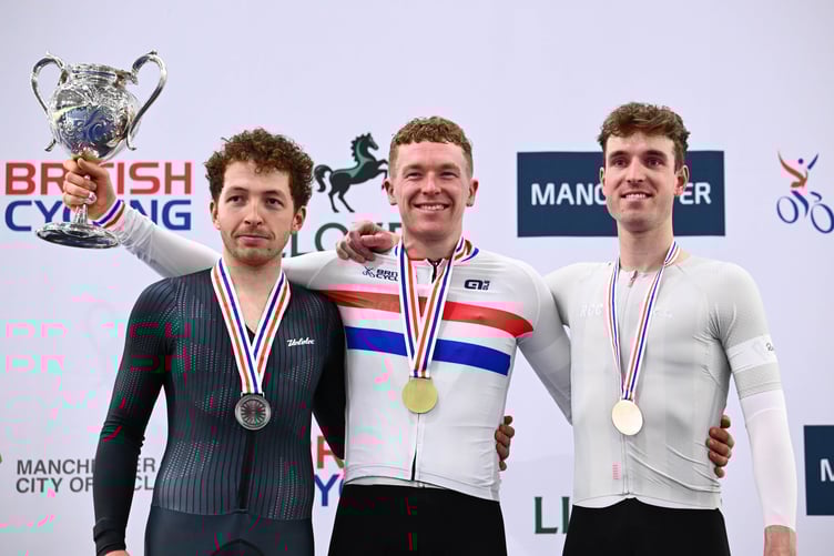 Matthew Bostock (centre) in the champions jersey on the podium after winning the scratch race at the National Track Championships last Friday. Also pictured are runner-up William Roberts and third-place Oliver Wood (Photo: Olly Hassell/SWpix.com)