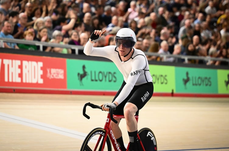 The Isle of Man's Matthew Bostock celebrates as he crosses the finish line to win the men's elimination race at the 2026 Lloyds National Track Championships in Manchester on Saturday. Bocky also won the men's scratch race to clinch two national jerseys (Photo: Olly Hassell/SWpix.com)