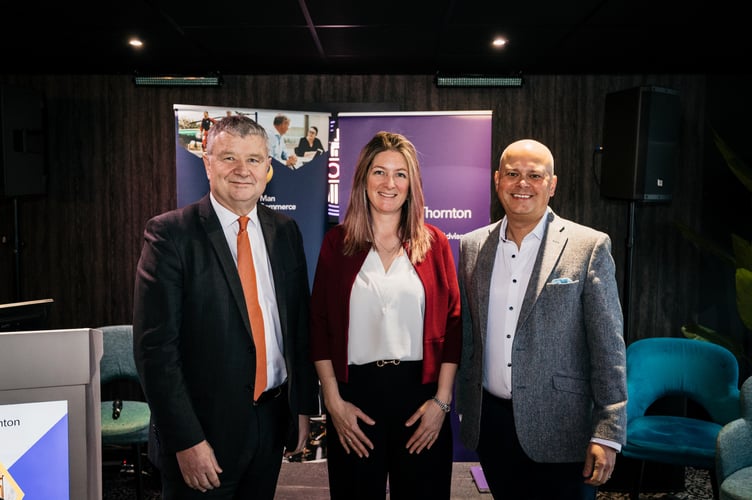 Treasury Minister Chris Thomas MHK; Chamber President Claire Watterson; and Simon Nicholas, Head of Practice, Grant Thornton (Photo - Ricciardi Media)