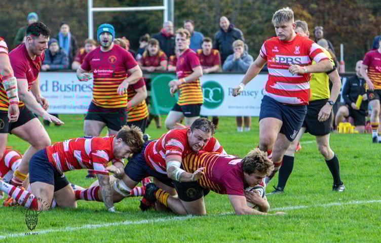 John Dutnall scores in Douglas Rugby Club's win against Vale of Lune in November at Port-e-Chee (Photo: Richard Ebbutt)